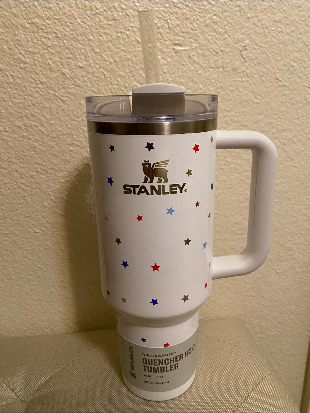 Stanley White Tumbler with Red Blue and Gold Stars and Handle
